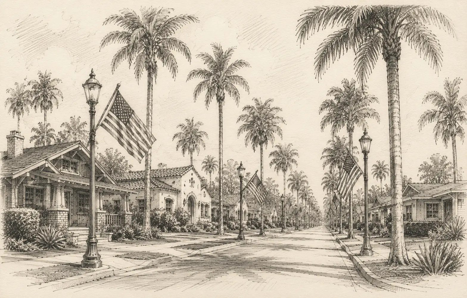 American flags lining a historic Wood Streets neighborhood in Riverside, California at golden hour